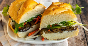 Vegan Banh Mi sandwich with vegan salami